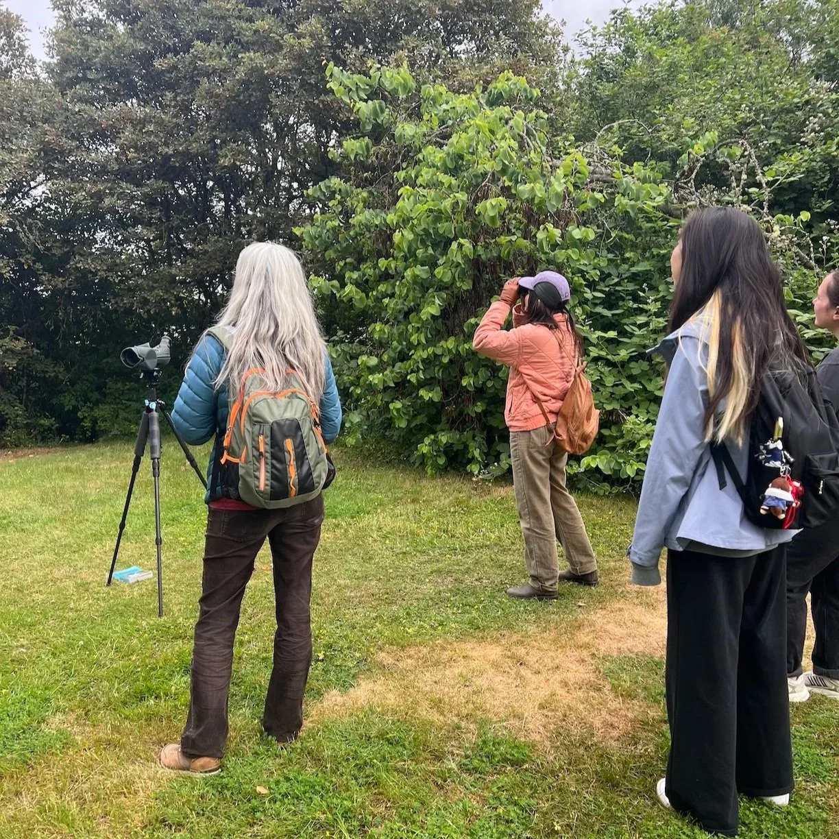 Four women standing in a wooded clearing with their backs to the camera, all of them looking in the same direction. One woman with long silver hair stands in front of a spotting scope mounted on a tripod. Another woman is looking through binoculars.
