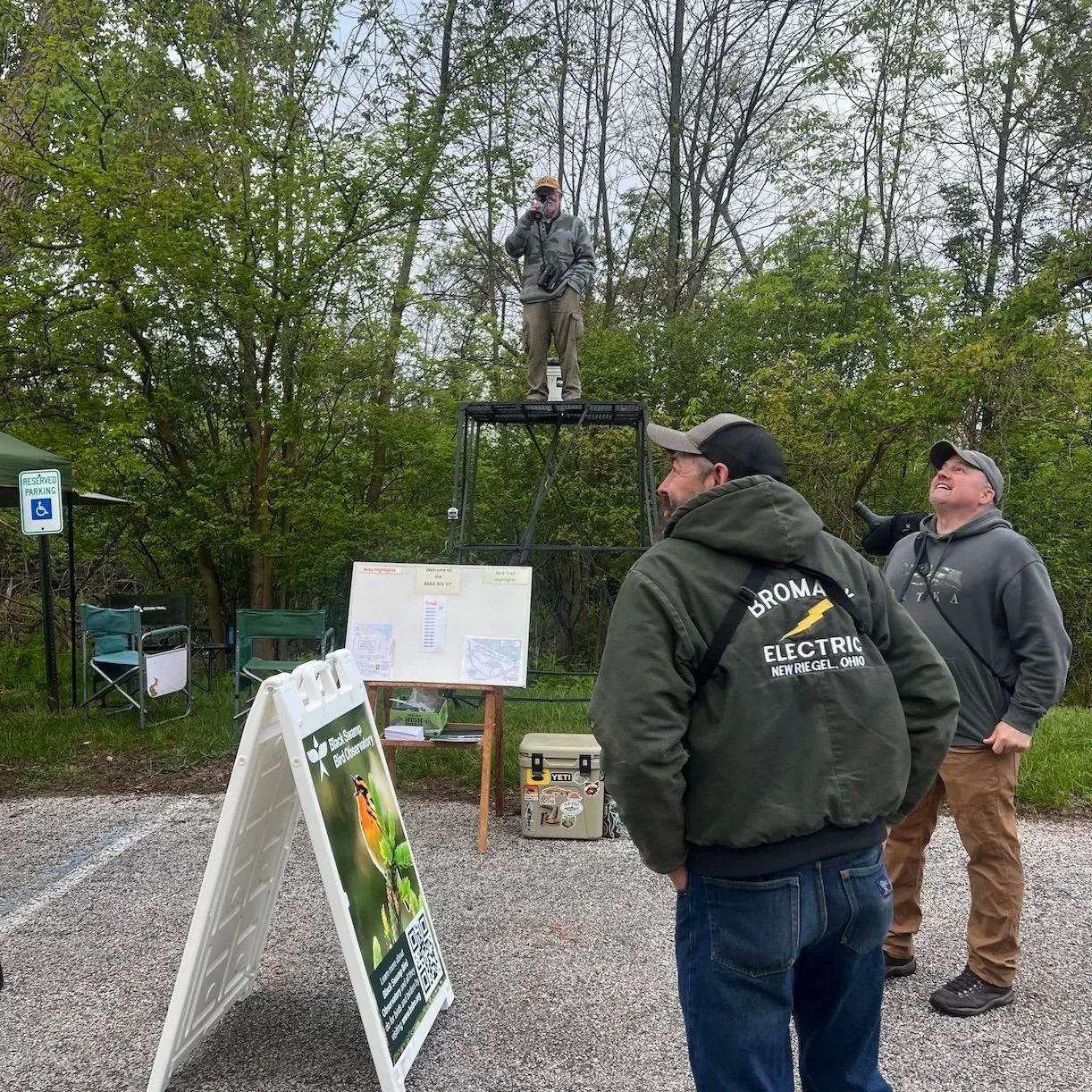 Bearded older man standing on elevated metal hunting stand, surrounded by other men. They are counting birds flying over and heard in a single location over time.