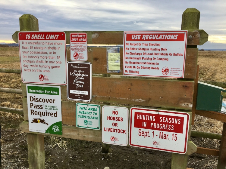 Signage at West 90. Birding season here usually overlaps with hunting season. Image: Gaby Charlton.
