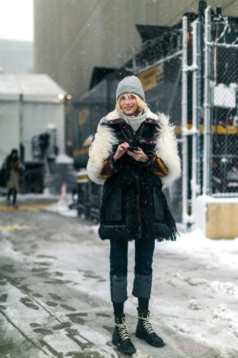 New York Fashion Week. While the shoes don't look very warm, I love the rest of this outfit. Image: Diego Zuko.