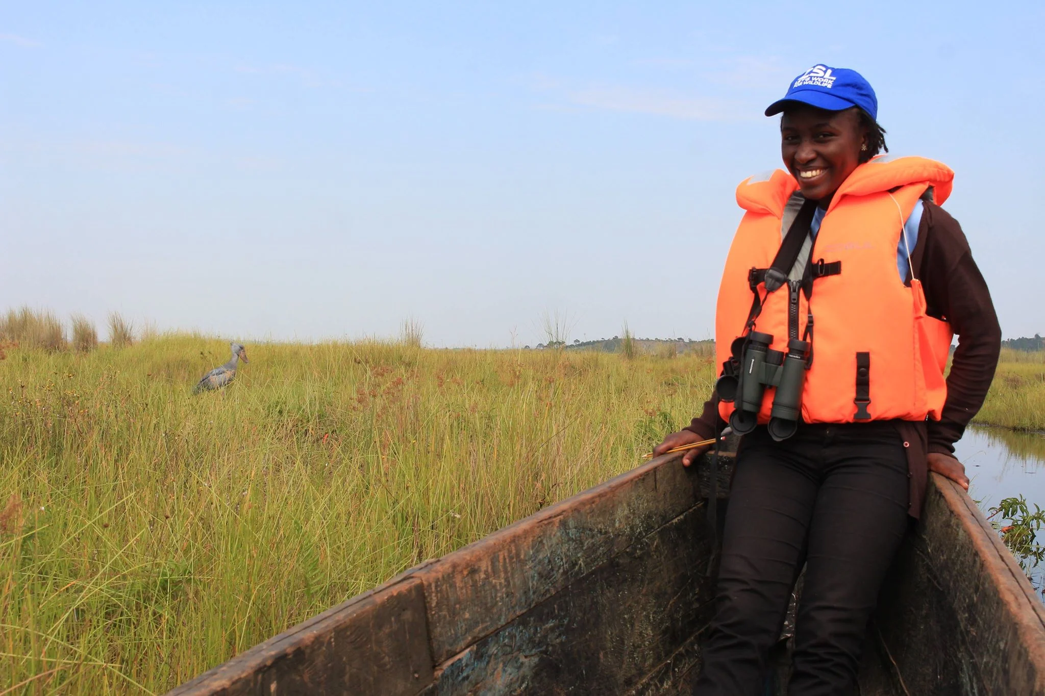 Mirembe doing Shoebill research in the Mabamba wetlands along Lake Victoria.