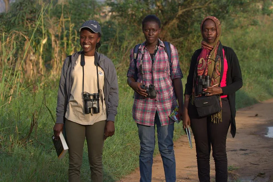 Mirembe with two interns training with Bird Uganda Safaris.
