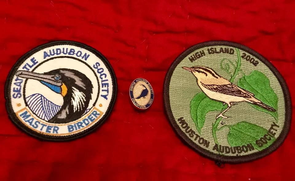 Them’s bragging rights! Izzy Arévalo Wong’s Seattle Audubon Master Birder Patch (2001), Seattle Audubon pin for 1000 hours of volunteer time, and a High Island patch, where she birded several times.