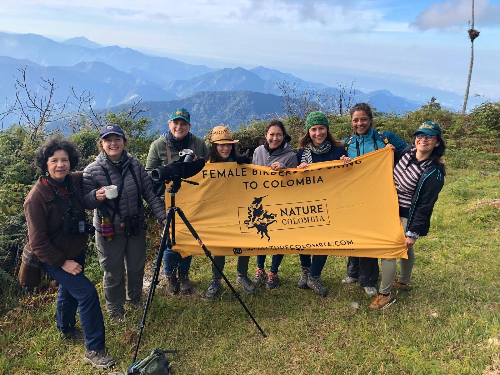 Our time on the San Lorenzo Ridge at over 9K feet (2800 m), birding endemics. As you can see from our puffers and mittens, it was COLD! L to Right: Diana Balcazar, Ruth Miller, Wendy Clark, Bryony Angell, Juliana Torres, Eliana Ardila, Luisa Conto a…