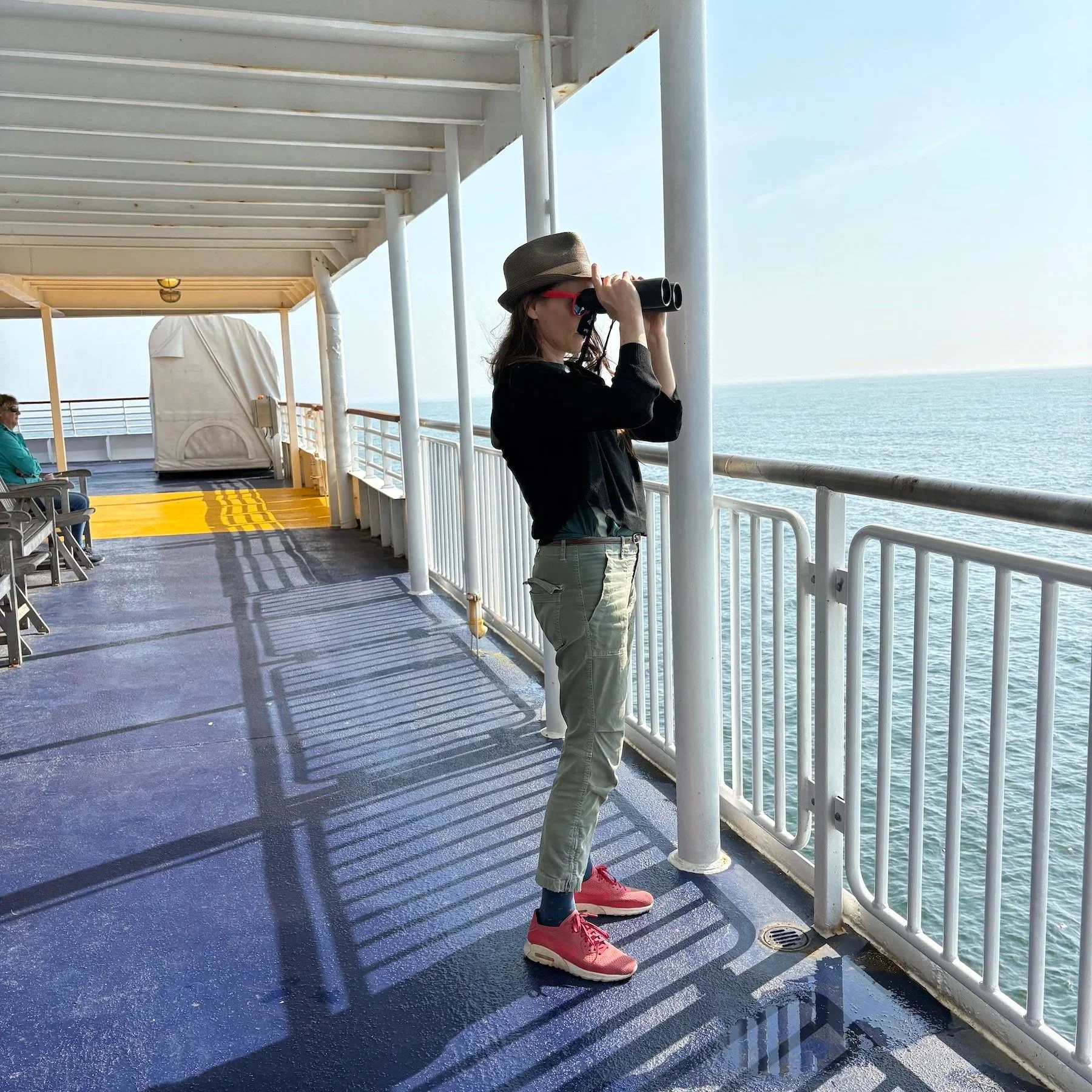 Woman holding binoculars to her face and standing on the deck of a ferry over open water.