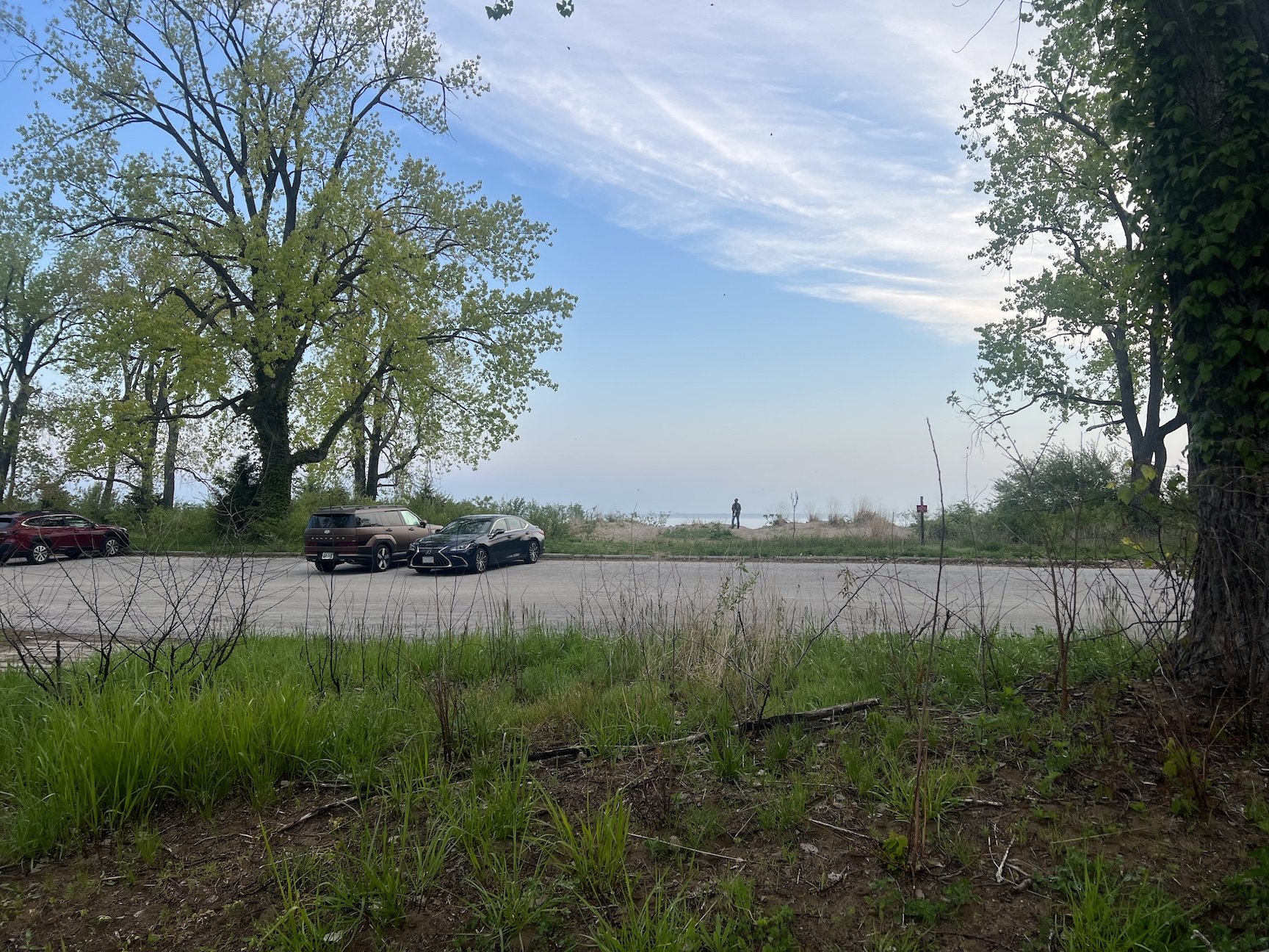 A forested, lakeside parking lot with two cars and a lone person silhouetted aginst the blue sky at edge of lake.