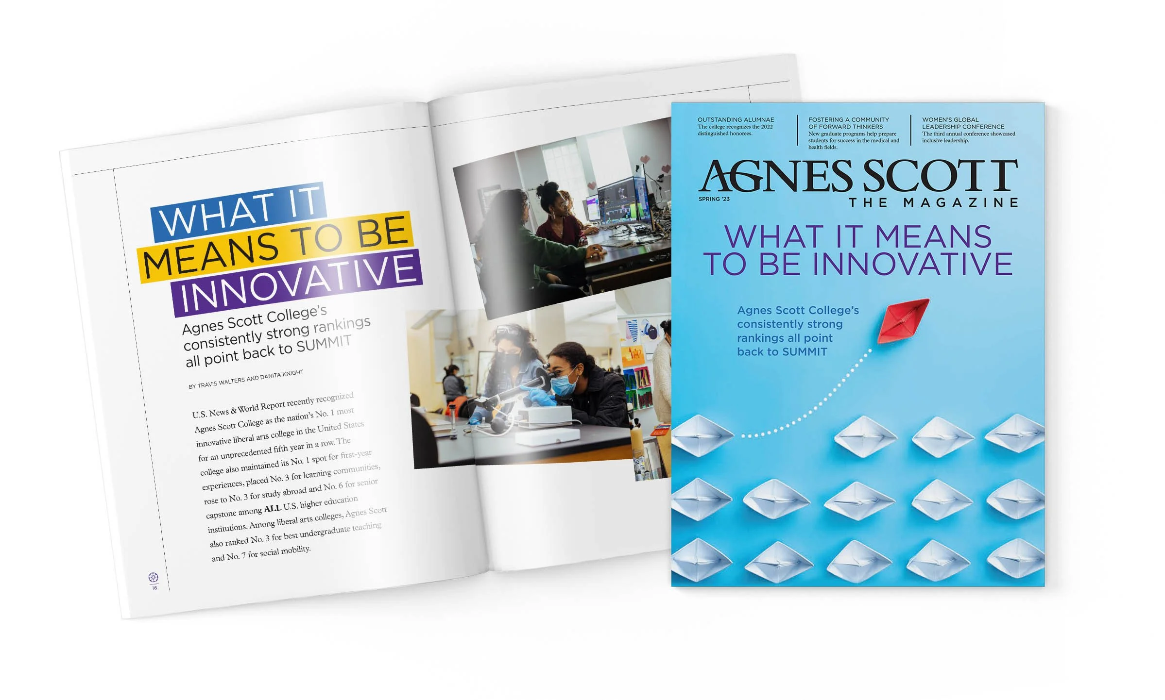 Agnes Scott Alumni Magazine. Showing a two-page spread and the cover of the Spring 2023 issue.