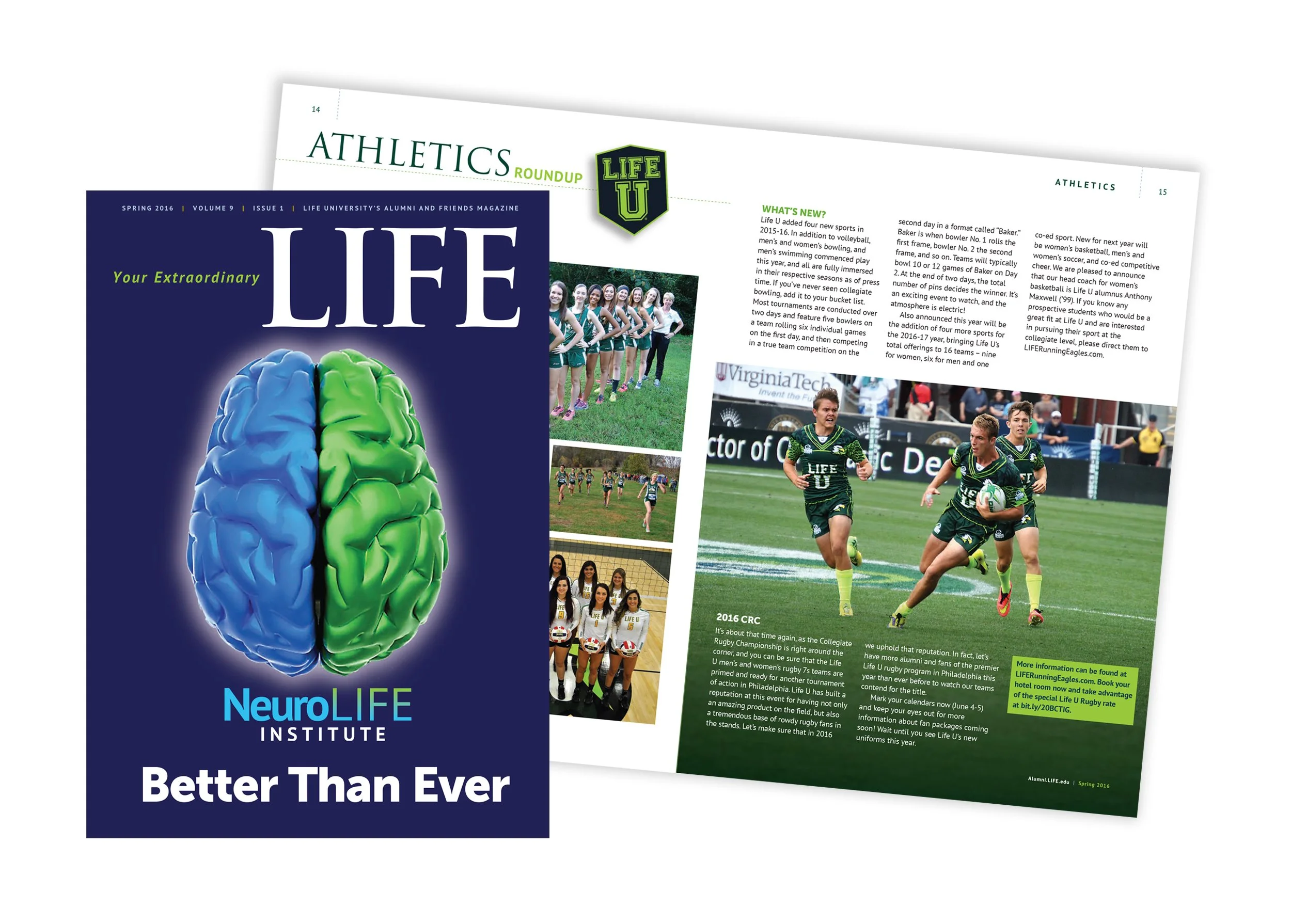 Life University Alumni Magazine. Shows a two-page spread and the cover of the Winter 2016 Issue.