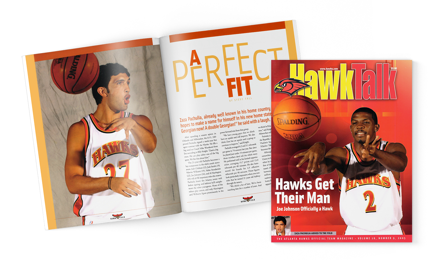 Magazine cover of Hawktalk featuring a basketball player in a Hawks jersey and an open magazine showing a photo of the same player in a Hawks uniform.