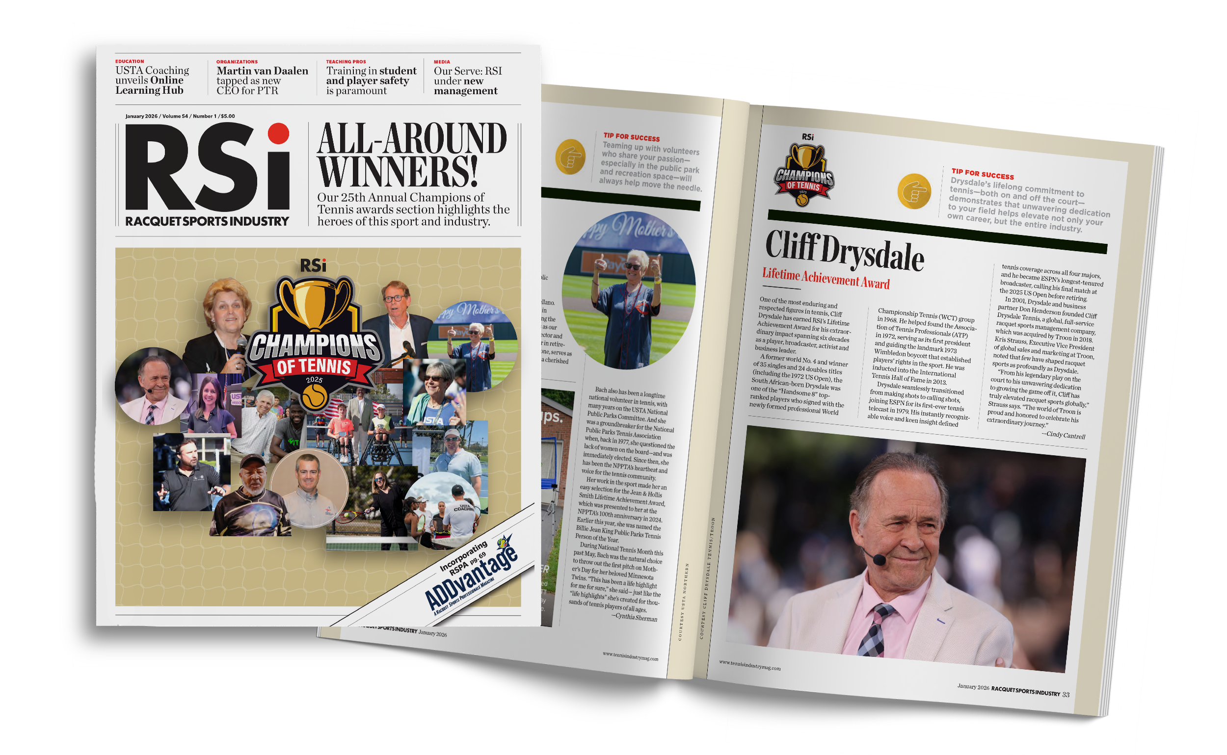 An open magazine featuring the cover of 'Racquet Sports Industry' with a collage of people and a trophy, and an inside page with an article about Cliff Drysdale, including a photo of him wearing a light-colored suit and pink shirt with a microphone headset.