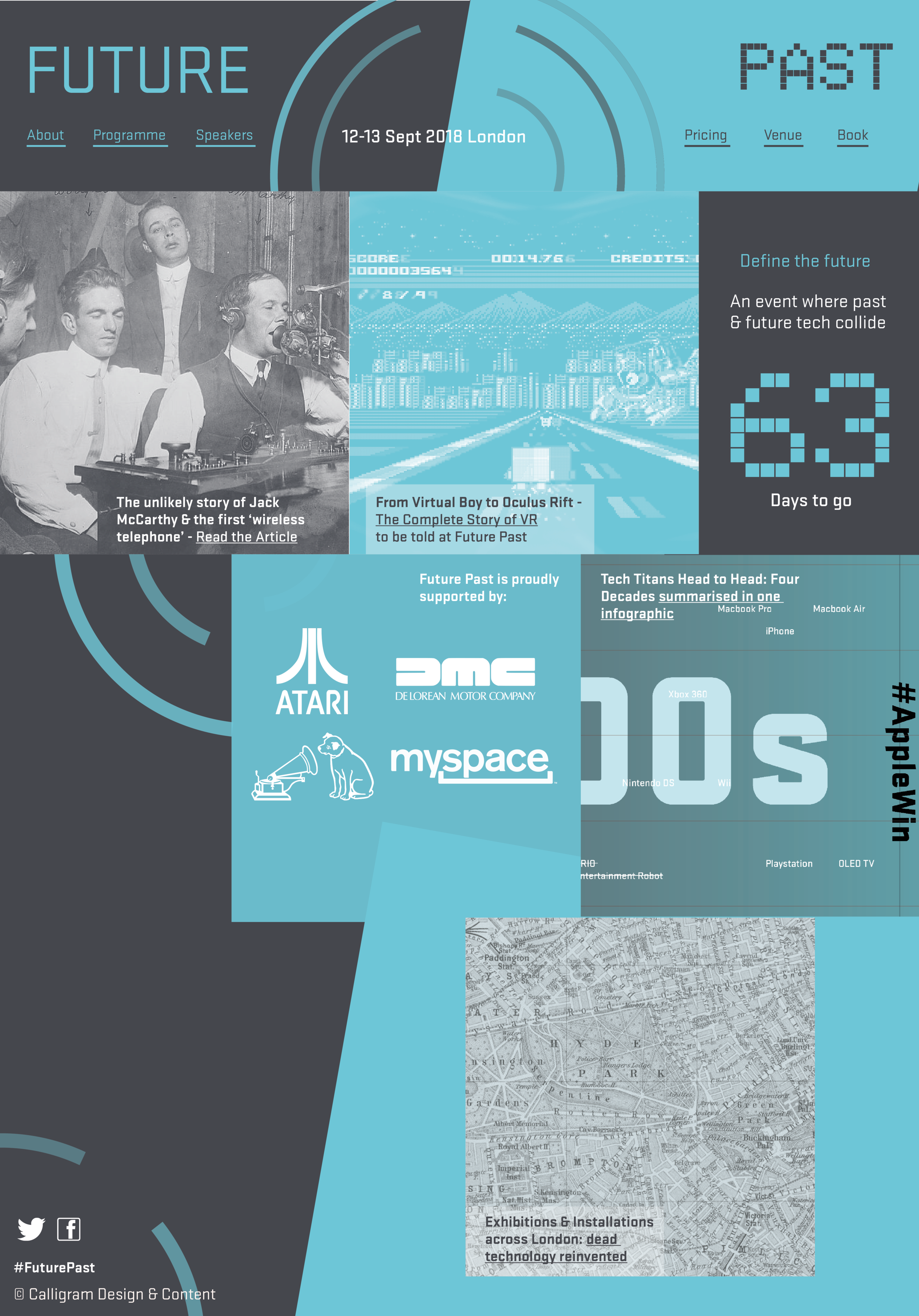 What the Future Past website might look like. Overall, The design treatment seeks to match the subject of the event—to represent the transition from past to future while avoiding the typical pixellated approach to branding tech events. Sponsors are …