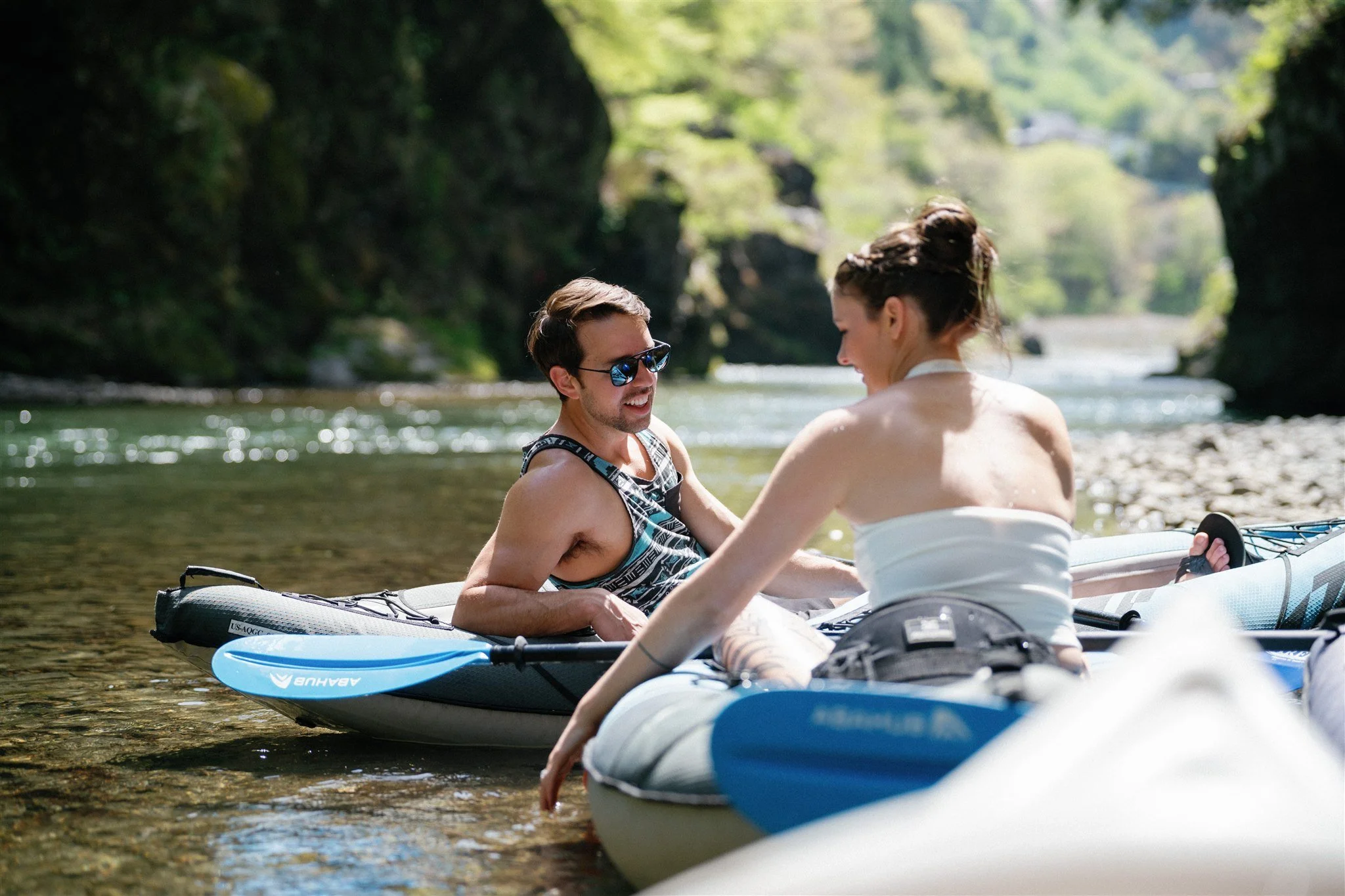 Adventure elopement couple river rafting near Tokyo.