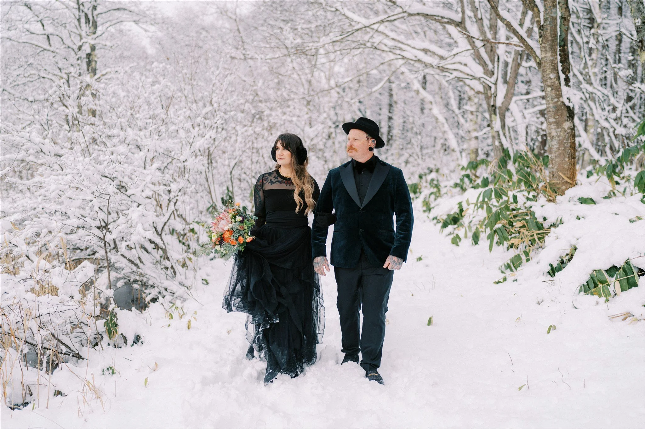 Winter elopement in Nagano Japan snowy mountain forest