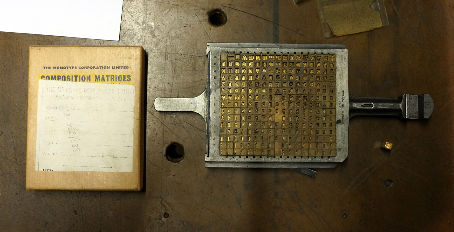 A Monotype Matrix, just part of the collection at The Type Archive (© Richard Small)