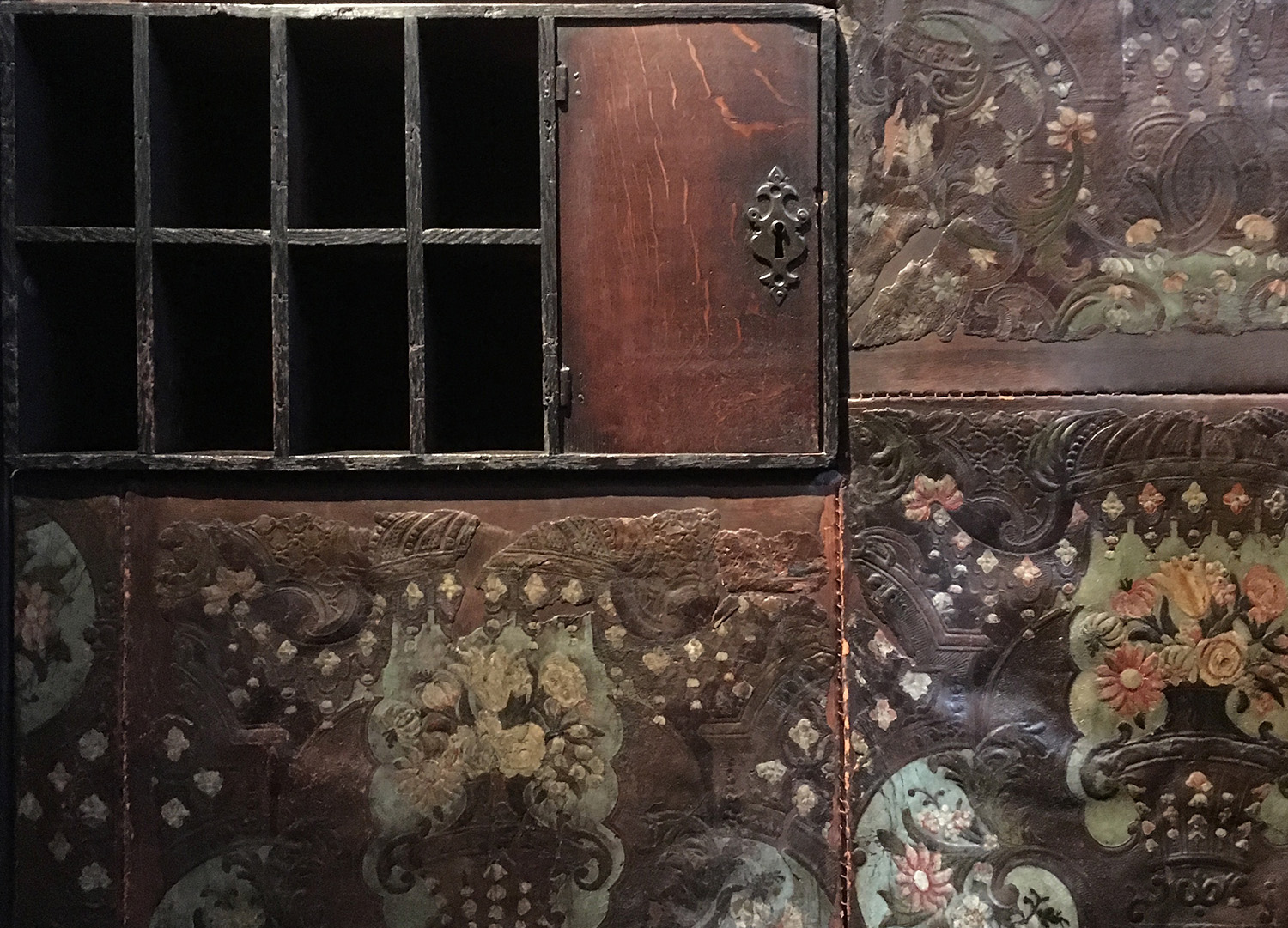 Plantin's small office is decorated with painted and tooled leather. 