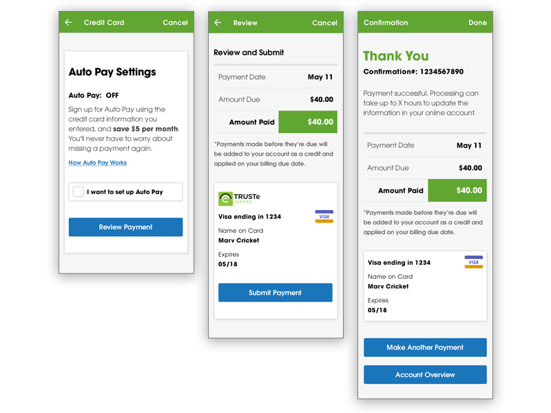 Guiding user through our primary app function of making a payment was critical to our success. By deliberately choosing to add more screens versus a long scrolling page, we increased and sustained our conversions to over 90%.