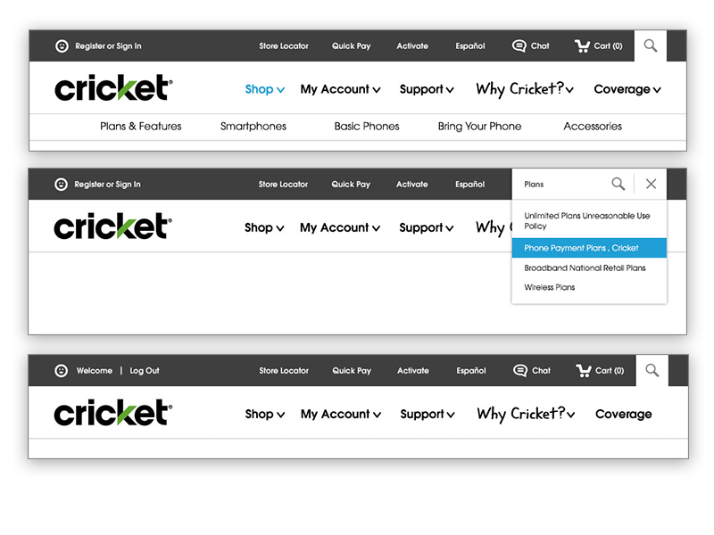 One of our biggest challenges when redesigning our global navigation was considering what our most important pages were and what our customers needed to access the most. Surfacing a predictive search design, sub navigation and easier access for current customers was a top priority along with secondary navigation items that you see bordering the top level of the nav.