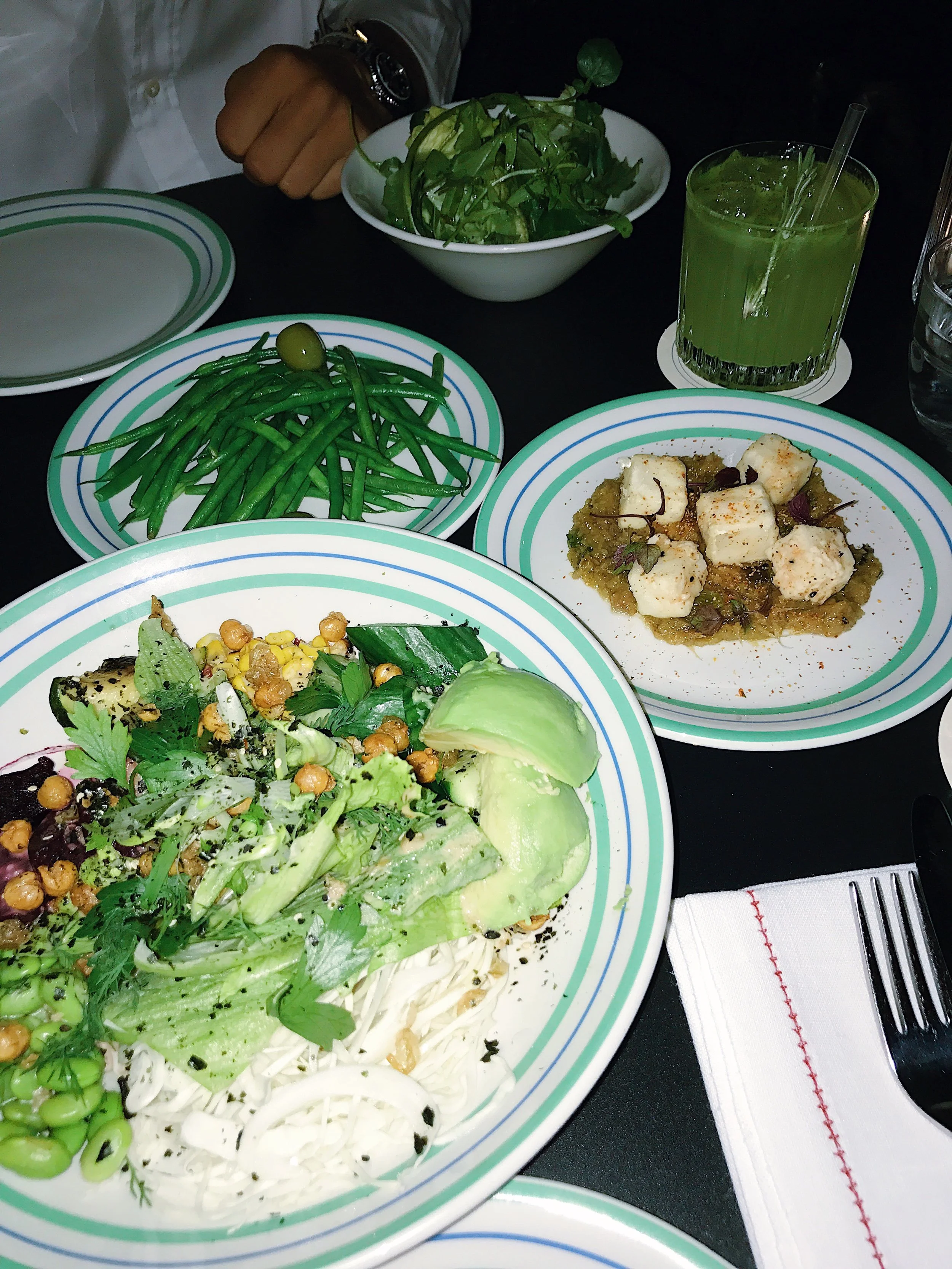 Sauteed Green Beans, Crispy Tofu, Chopped Salad and Cucumber and rosemary mulholland - gin, st germain, cucumber and lemon