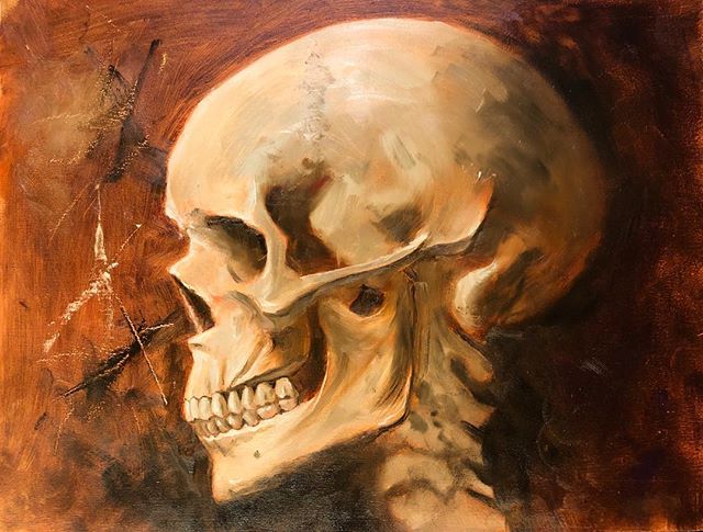 Skull study, Alla Prima oil on wood panel primed with oil ground. I&rsquo;m very very happy how this came out. About half way through I almost gave up when I got frustrated with the color palette I was trying. But I persevered and it paid off. I&rsqu