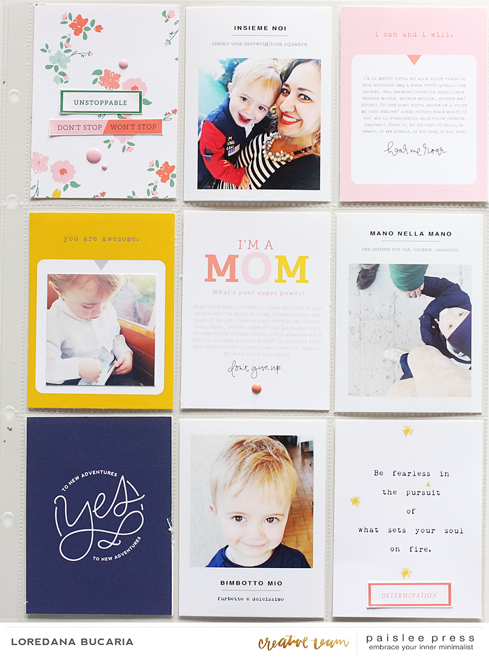 Ho scritto il mio journaling direttamente sulle cards da stampare usando il font American Typewriter ed aggiungendo delle frasi con i pennelli digitali del kit, in più le foto in uno dei bellissimi template di Paislee Press, il riquadro bianco è una mia fissa, fa sembrare tutto più candido e pulito... saranno fissazioni... I wrote my journaling directly on the cards to be printed using the font American Typewriter and adding phrases with digital brushes from the kit, more pictures in one of the beautiful templates from Paislee Press, the white box is one of my obsession, makes everything looks pure and clean ...