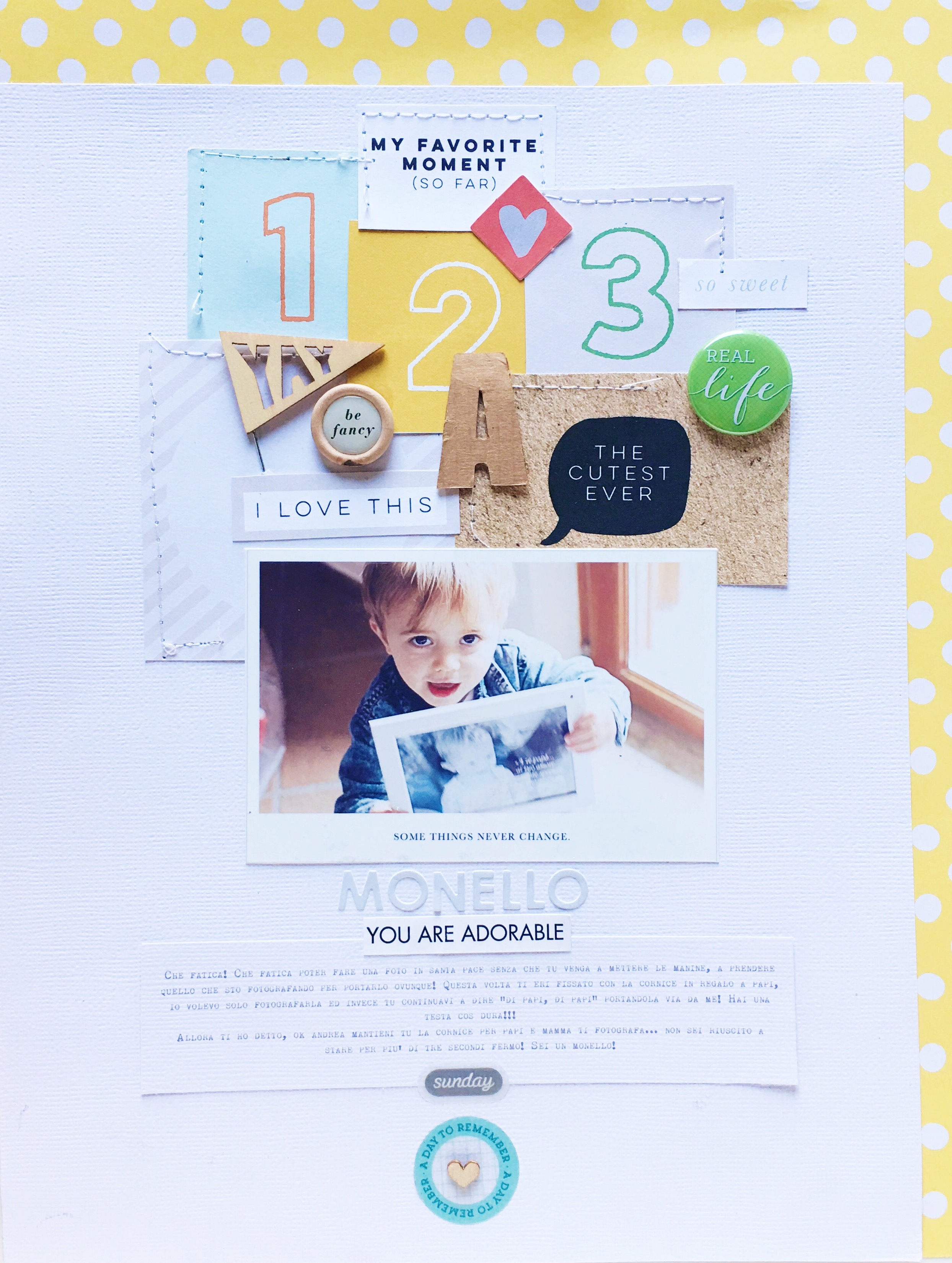 Materiali: Bazzill Bianco per sfondo e journaling, patterned paper Studio Calico, uno dei tanti kit che ho, ritagli vari della collezione Clara Baby Boy di Studio Calico ; abbellimenti Freckled Fawn, Basic Grey, Studio Calico ; digitali Paislee Press .