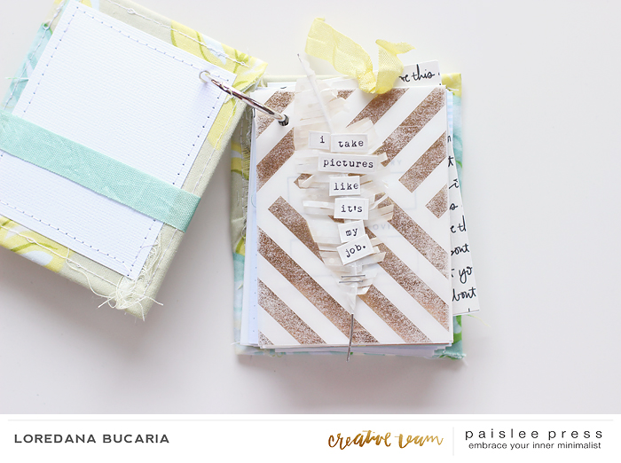 Prima pagina con vellum oro, una piuma che non vedevo l'ora di usare ed un bel file digitale di Liz di Paislee Press, biadesivo e spillatrice et voila!