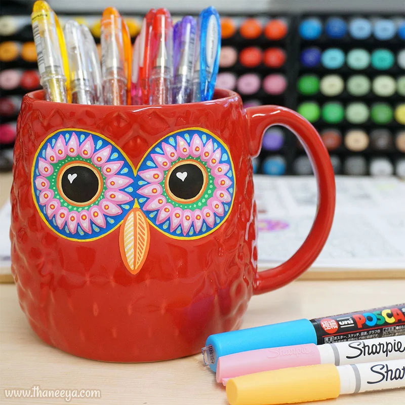Owl Mug on Thaneeya's Desk Painted with Paint Markers