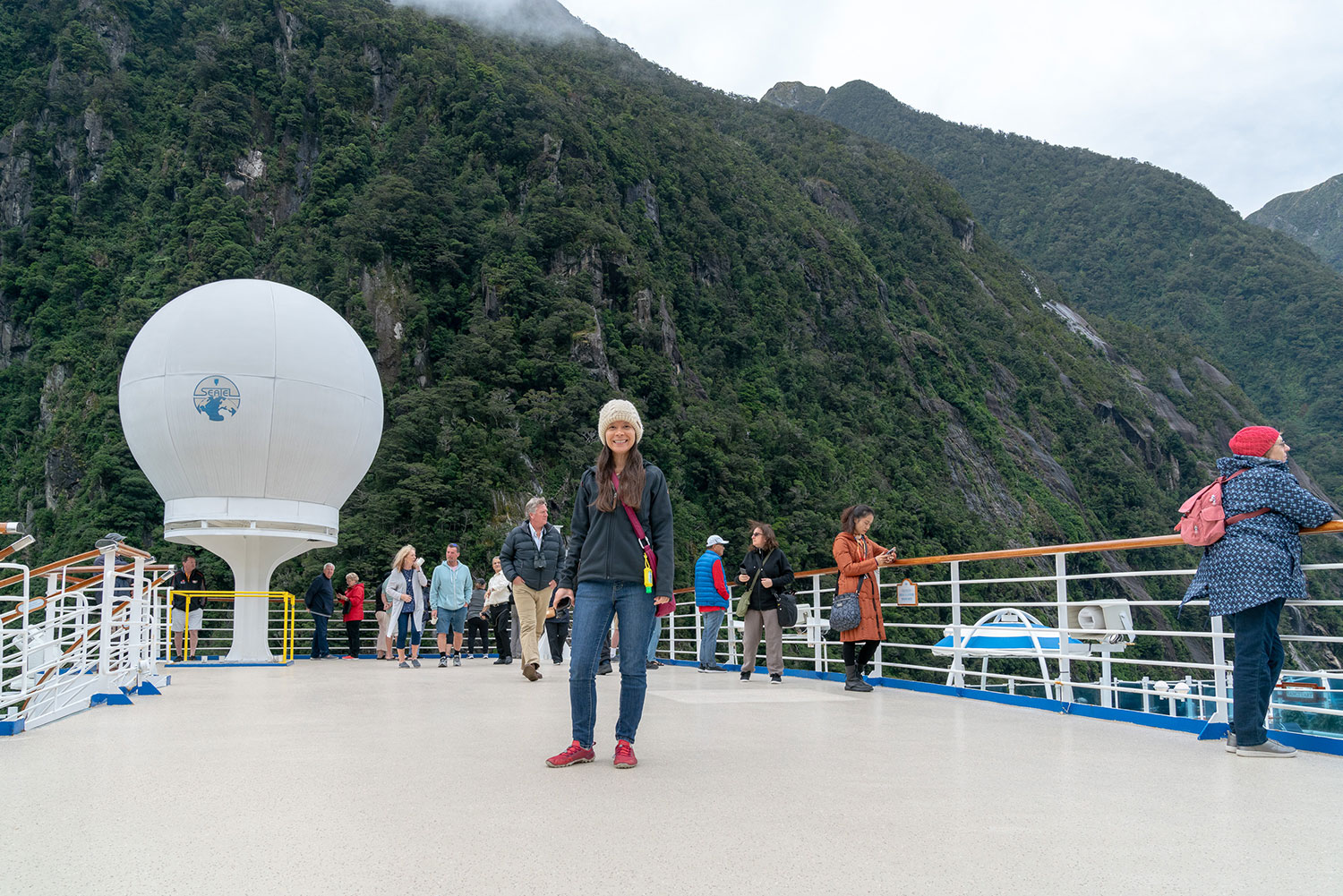 Thaneeya McArdle at Milford Sound, Fiordland National Park in New Zealand