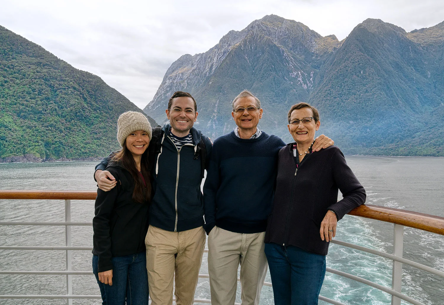 Thaneeya McArdle and family at Milford Sound, Fiordland National Park in New Zealand