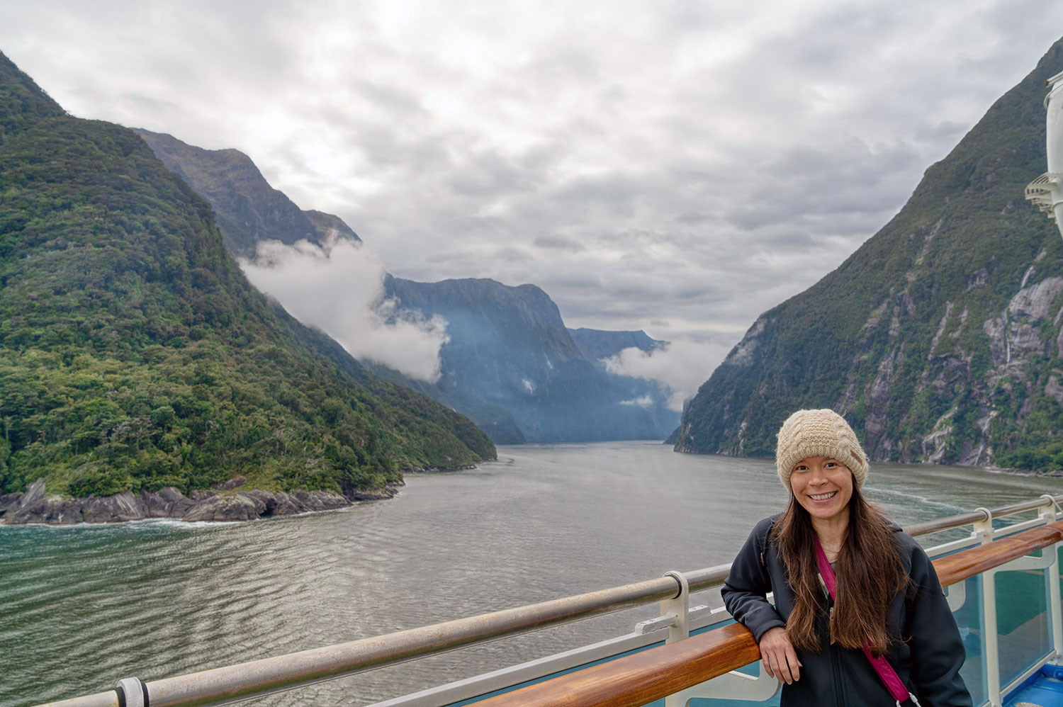 Thaneeya McArdle at Milford Sound, Fiordland National Park in New Zealand