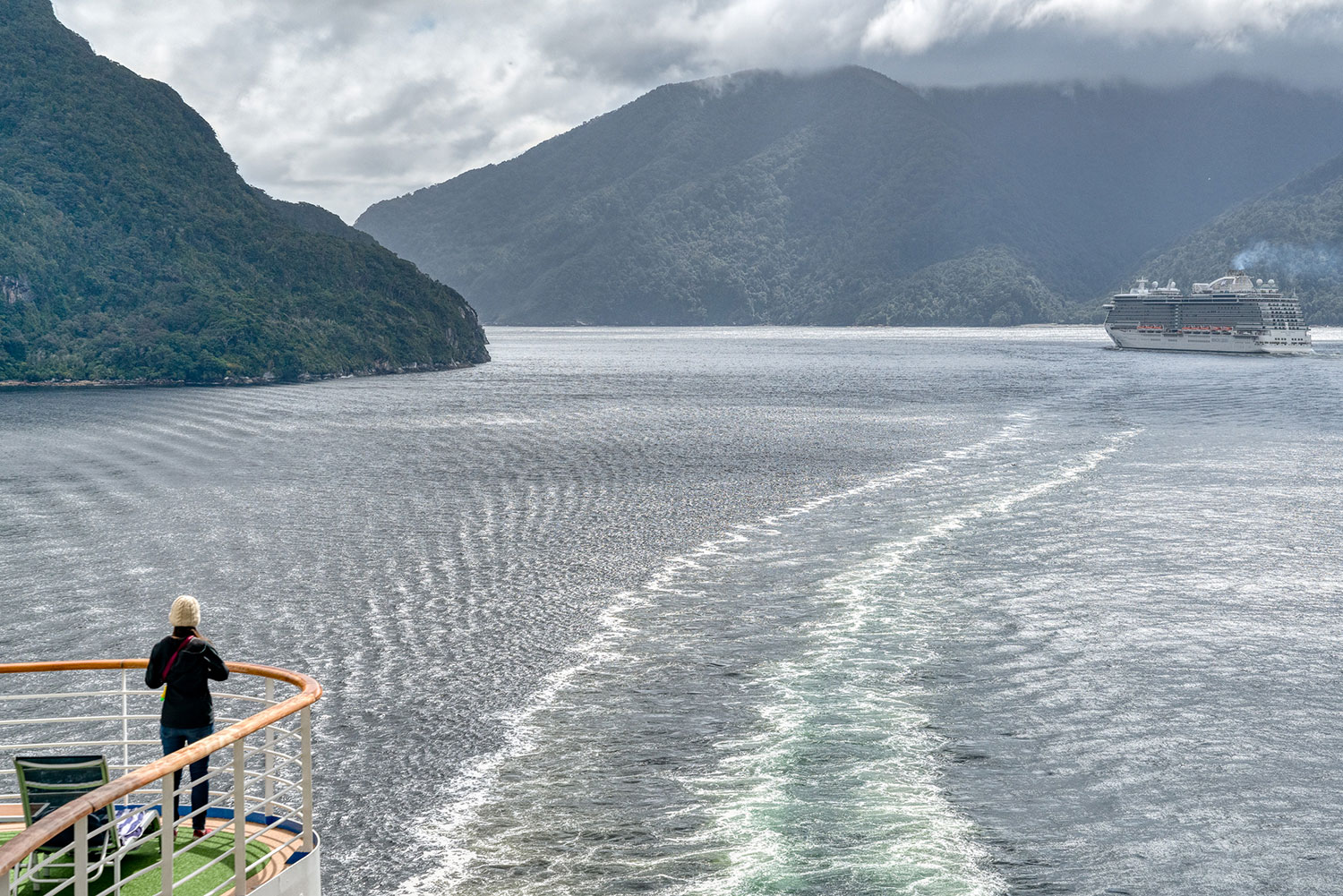 Thaneeya McArdle at Doubtful Sound, Fiordland National Park in New Zealand