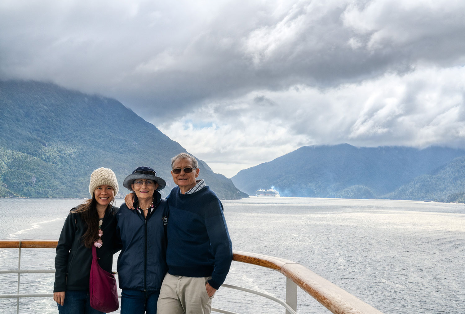 Thaneeya McArdle at Doubtful Sound, Fiordland National Park in New Zealand
