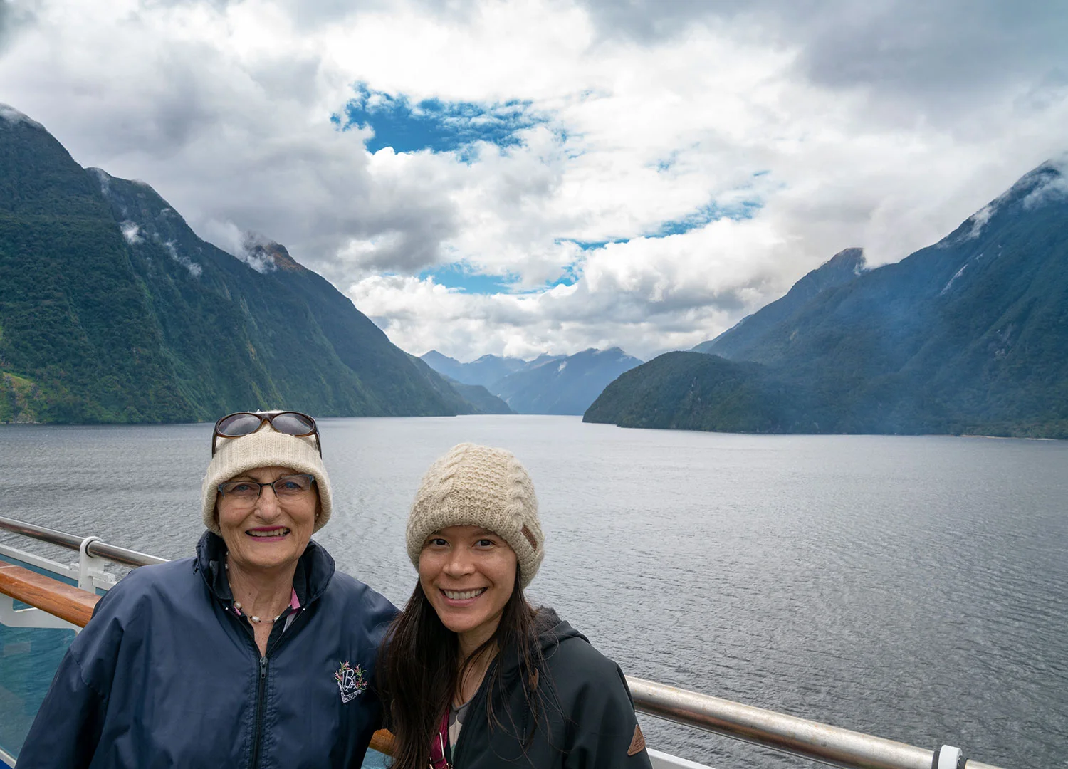 Thaneeya McArdle at Doubtful Sound, Fiordland National Park in New Zealand