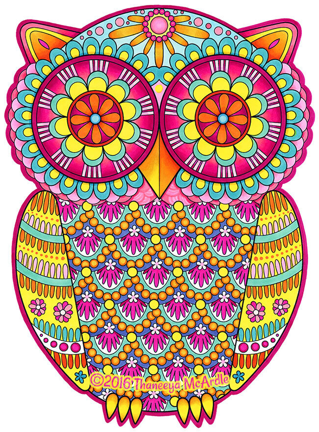 Colorful detailed owl art by Thaneeya McArdle