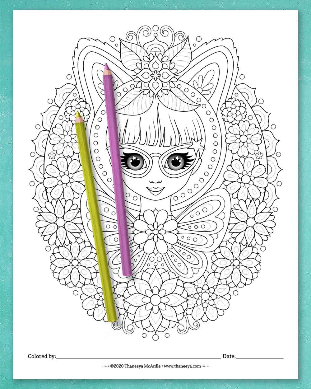 Cute cat butterfly girl coloring page by Thaneeya McArdle