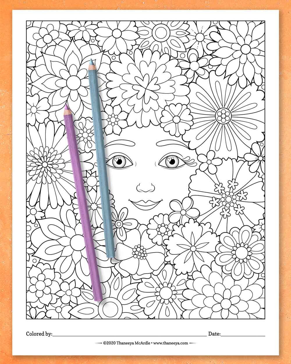 Face surrounded by flowers - Coloring Page by Thaneeya McArdle - Set of 10 printable coloring pages to download and color!