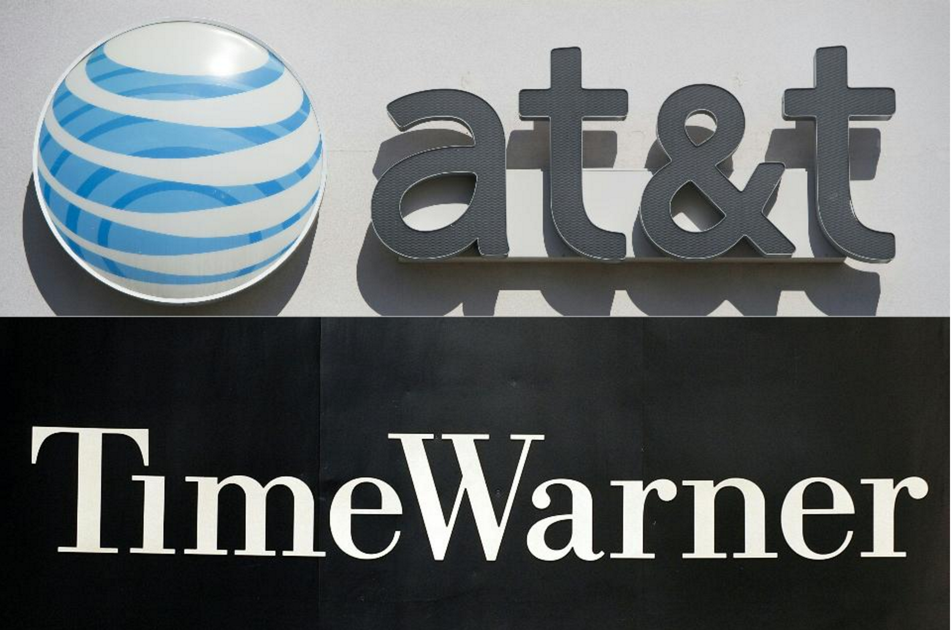 (COMBO) This combination of pictures created on October 21, 2016 shows AT&T cellphone store in Springfield, Virginia, on October 23, 2014. And the Time Warner company logo on the front of the headquarter building, 24 November, 2003, in New York. (Photo credit: SAUL LOEB,STAN HONDA/AFP/Getty Images)
