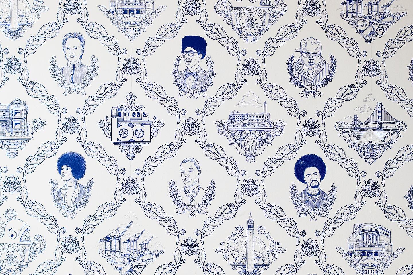 Our &quot;Bay Area Toile&quot; is an attraction unto itself. 🏈🎧 Next time you visit, get a peek at this legendary wallpaper featuring Bay Area icons such as Joe Montana and Mac Dre plus landmarks including Alcatraz and the Golden Gate Bridge.