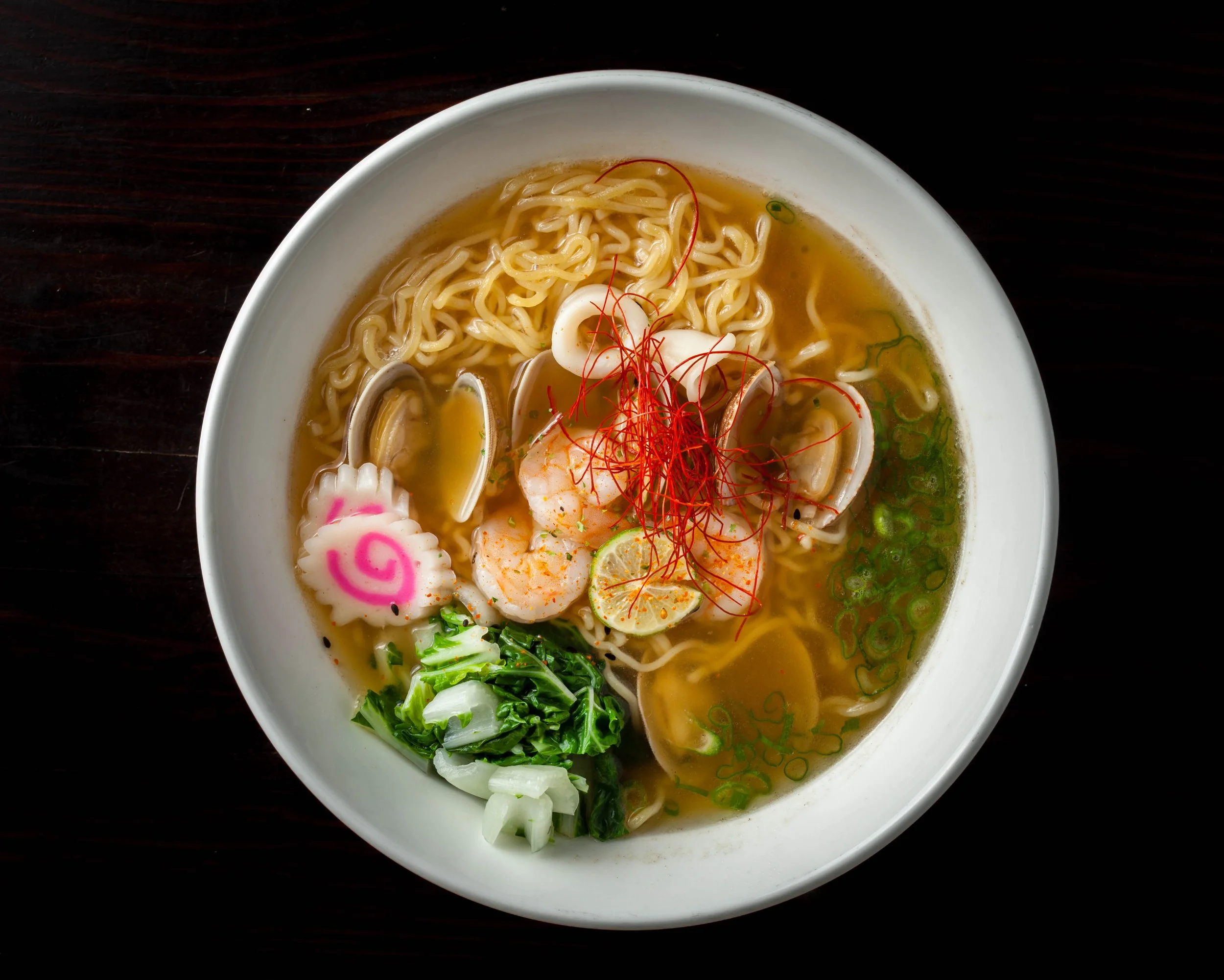 Shio Ramen Seafood And Salt Soup Base (Clear), Shrimp, Squid, Clam, Baby Bok Choy, Naruto Fish Cake & Green Onion (Shio broth contained: Fish, Meat, Wheat, Soybean)