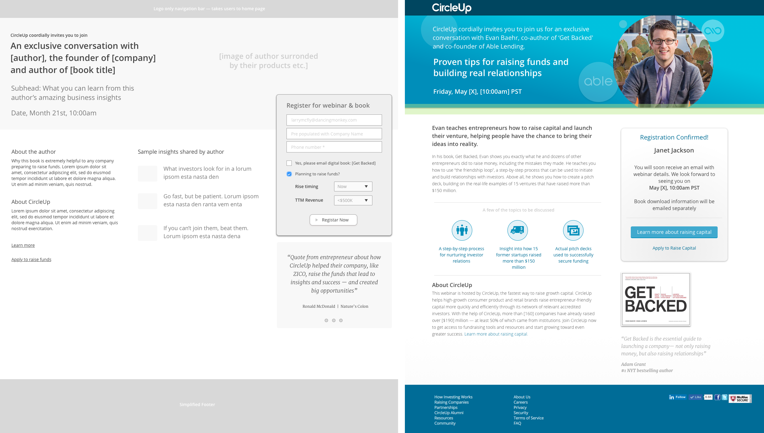  Sample wireframe and corresponding visual design for a CircleUp promotional event 