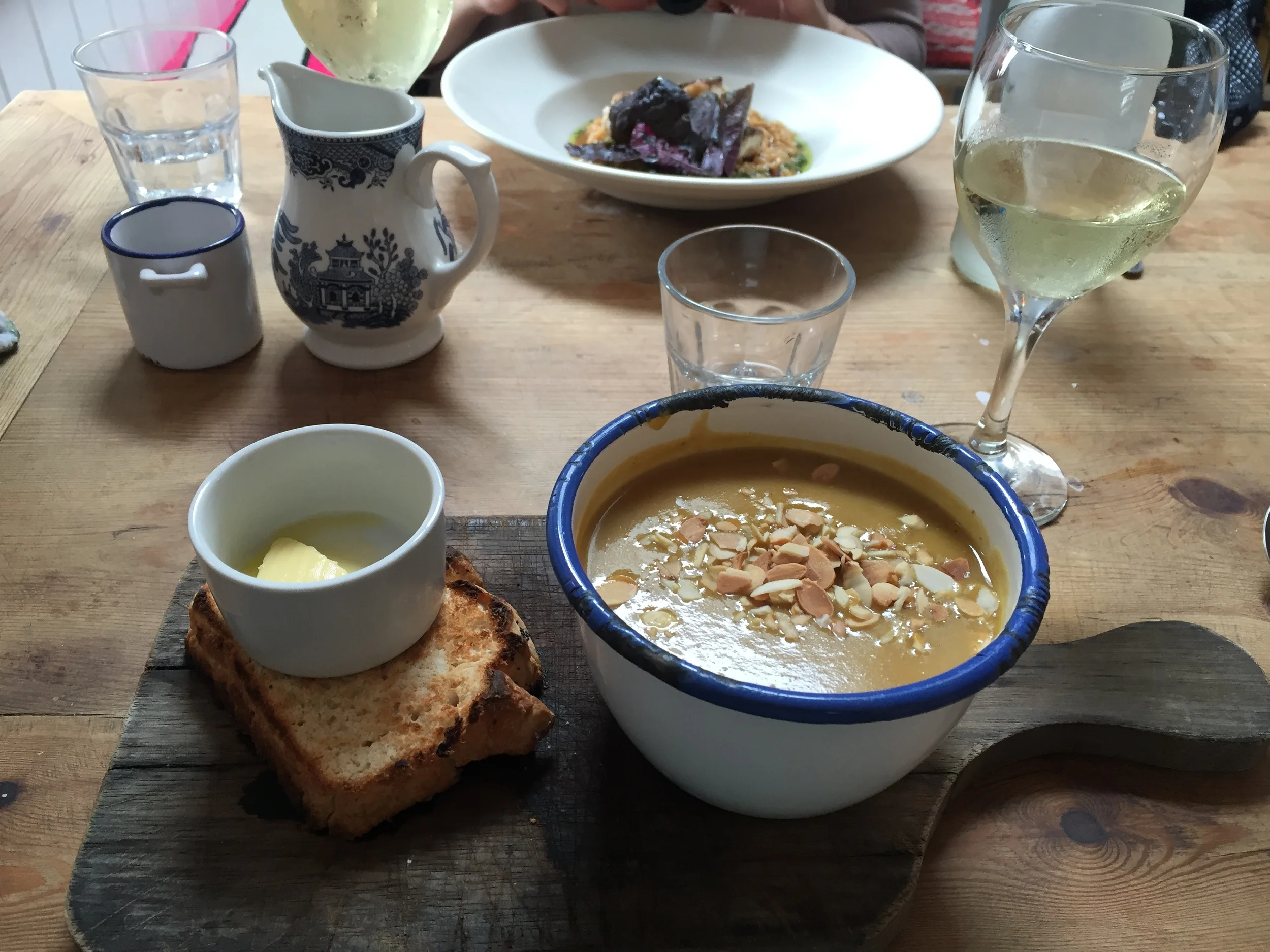 Thick cut homemade GF bread with an aubergine soup