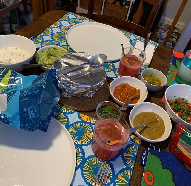 #tacotuesday on #cincodemayo with @jaredsbrooklyn! I made #picodegallo #guacamole #yogurtcrema, #spicyredbeans (under the tinfoil)and #bloodorange and #grapefruit #palomas, Jared made #salsaverde last week, and the #corntortillas were heating up! Pre