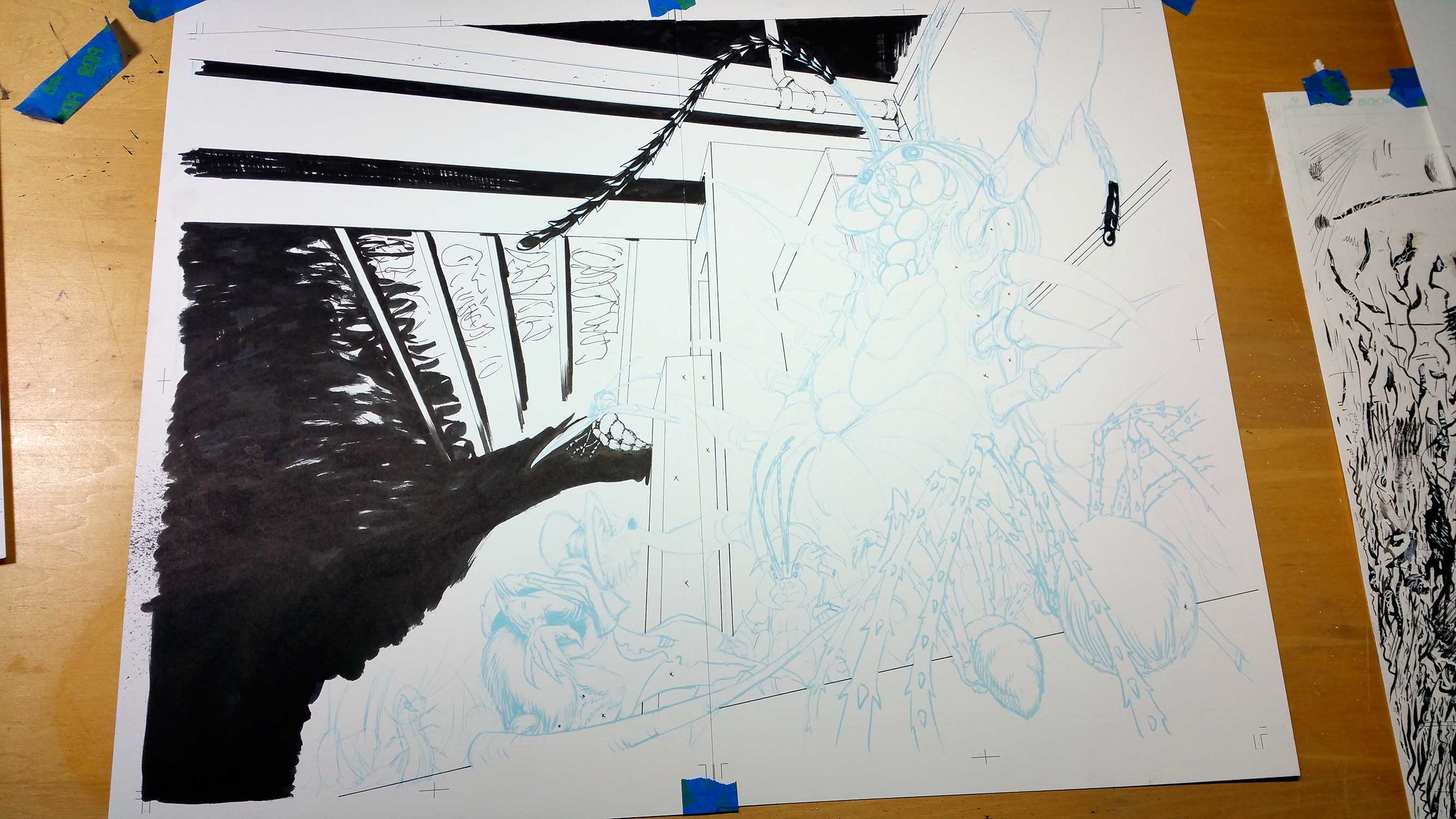 Blocked in some solid blacks and started in on The Deserter (the yellow jacket).