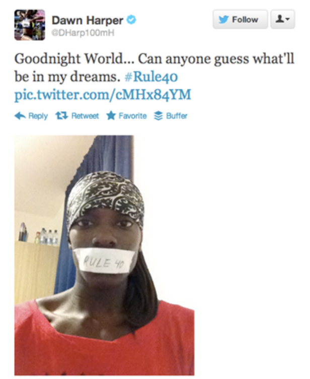 Sprinter Dawn Harper tweeted her displeasure at Rule 40 in 2012