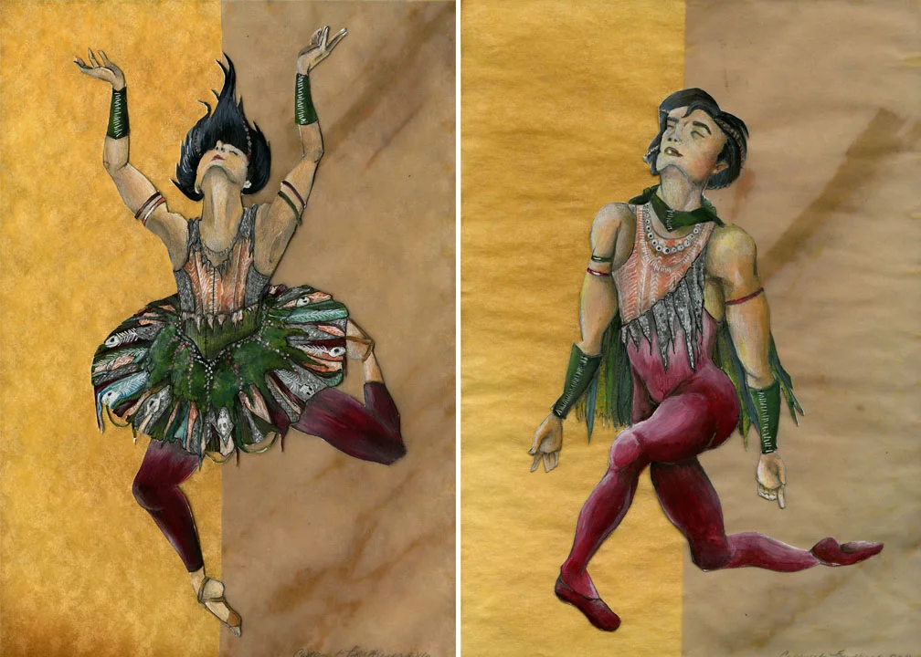 spawning salmon inspired Ballet costumed design for a male and female based on the prompt: Something in nature that features death. 