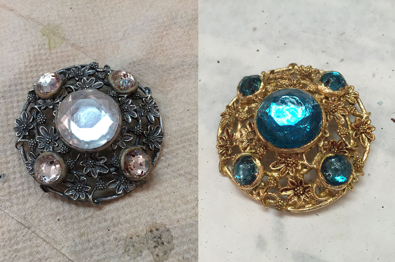 Broach refinished for Oregon Shakespeare Festival's costume craft department. Gold leafing, glass paint, and leather dye. 