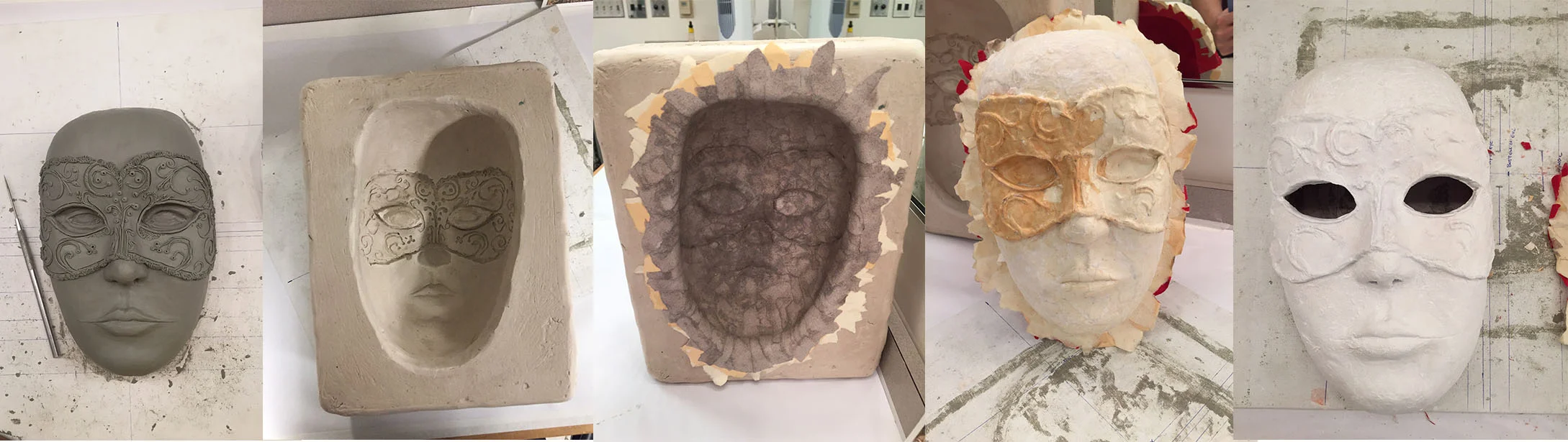 Paper mache mask making process part 1. Carving of clay, making a mold, lining with cotton paper, priming. 