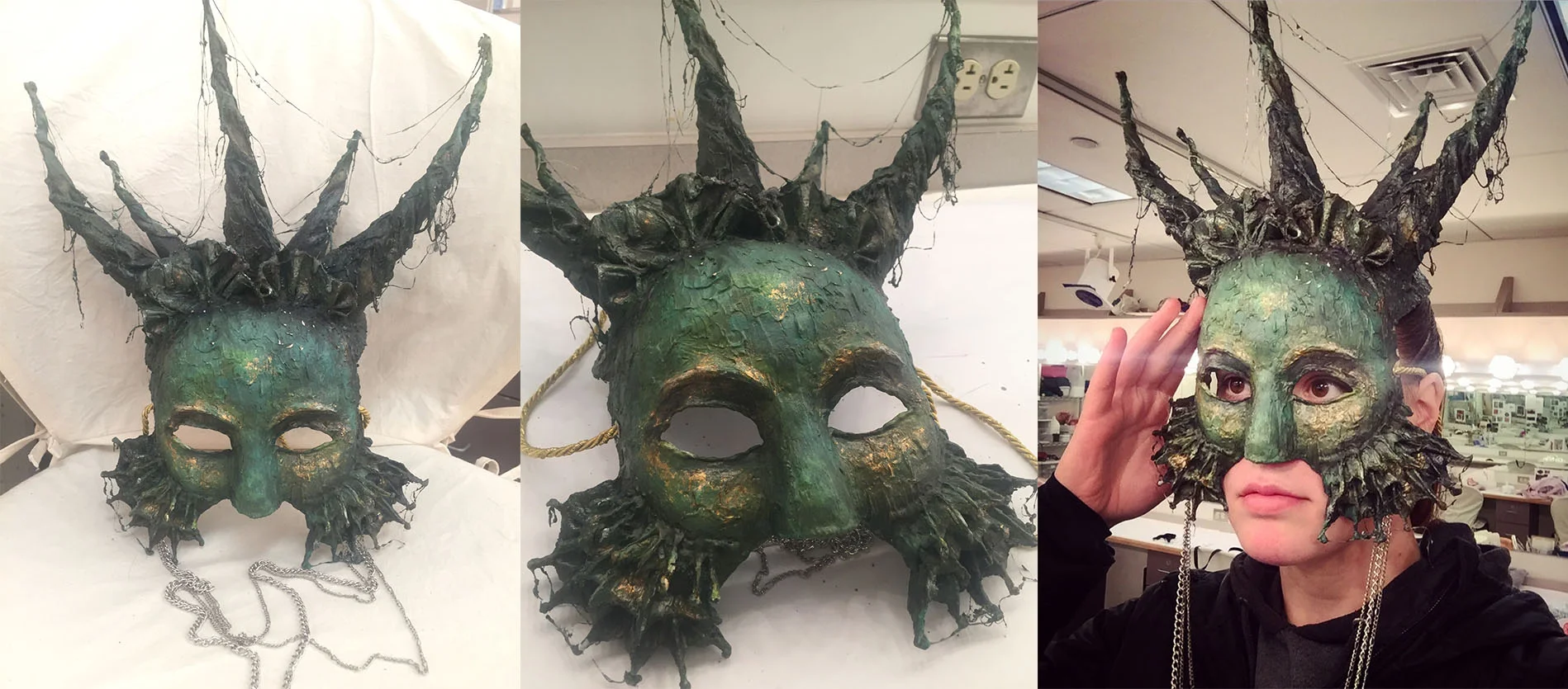 Wonderflex mask with hot glue and Joint Compound, finished with gold leading and acrylic paint. Sealed with a bee's wax and tar mixture