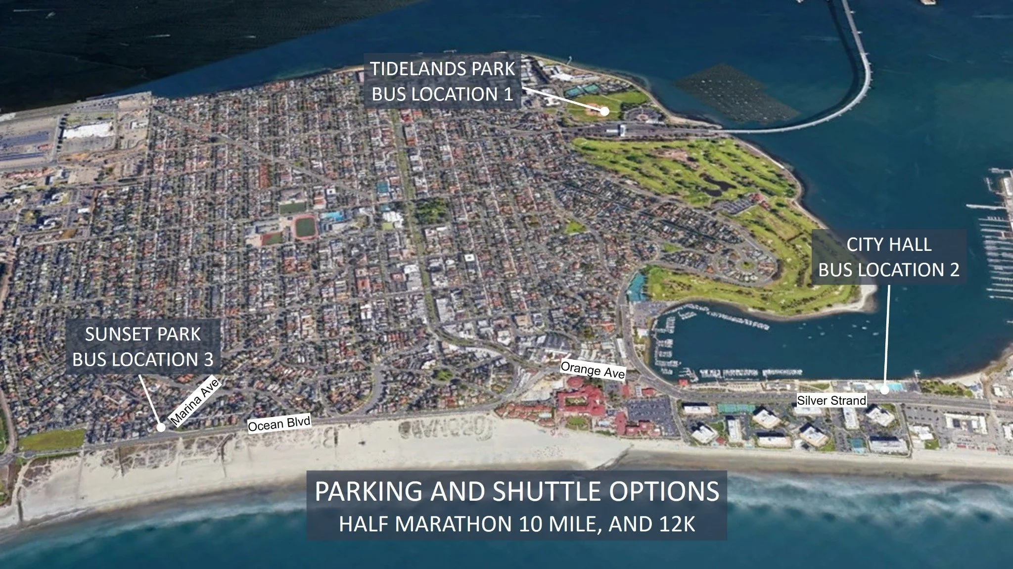 Updated 2026 Silver Strand parking and shuttle map: Tidelands Park Location 1, City Hall Location 2, and Sunset Park pickup near Marina Avenue and Ocean Boulevard at Location 3.