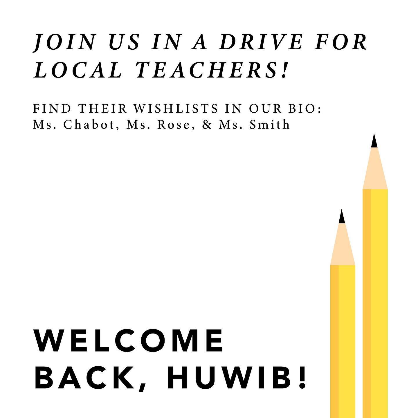 Happy First Week of School HUWIB!!!
Help us celebrate our first week of school by giving back to the Boston community :) Our Philanthropy Committee has selected 3 local teachers to support&mdash;find their wishlists in our bio!